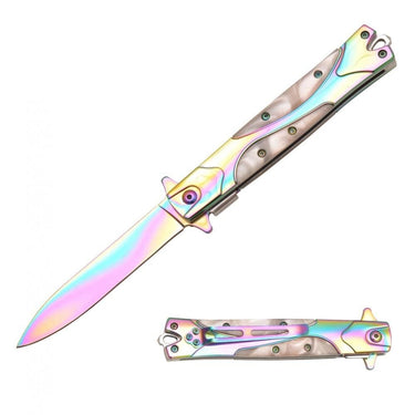 Defense Divas® Knives & Knuckles Rainbow Pearl Stiletto Folding Self-Defense Knife